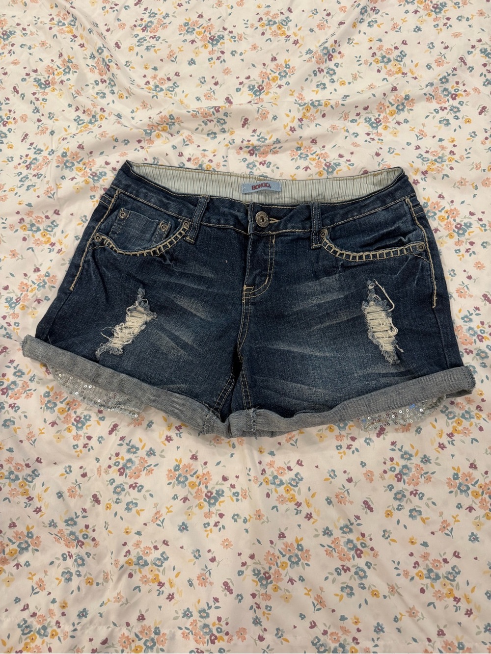 BONGO Dark Blue Distressed Jean Shorts with Rhinestone Cuff